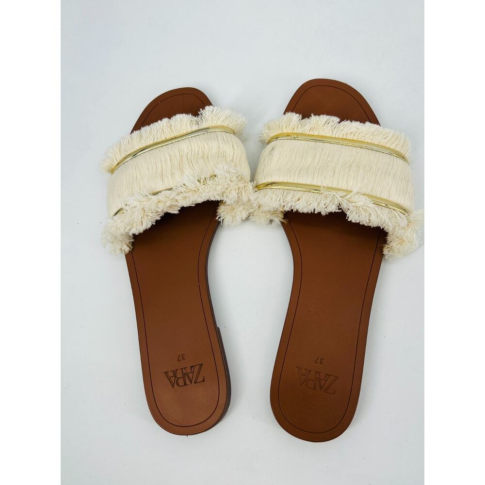 Zara Women's Cream Flat Sandal With Fringe Size 6.5 - 7 EU37 Vacation Resortwear